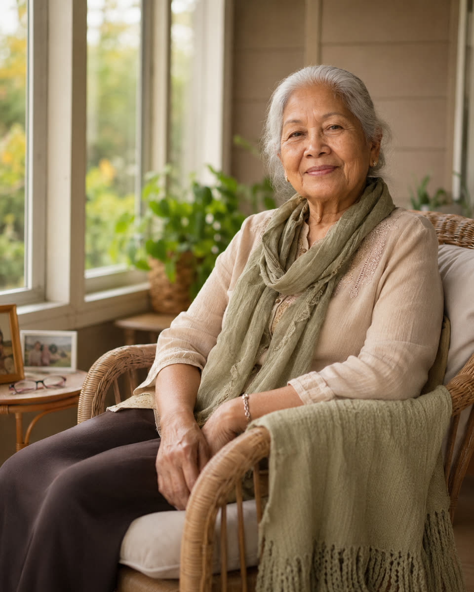 Bopha sitting by a window at home
