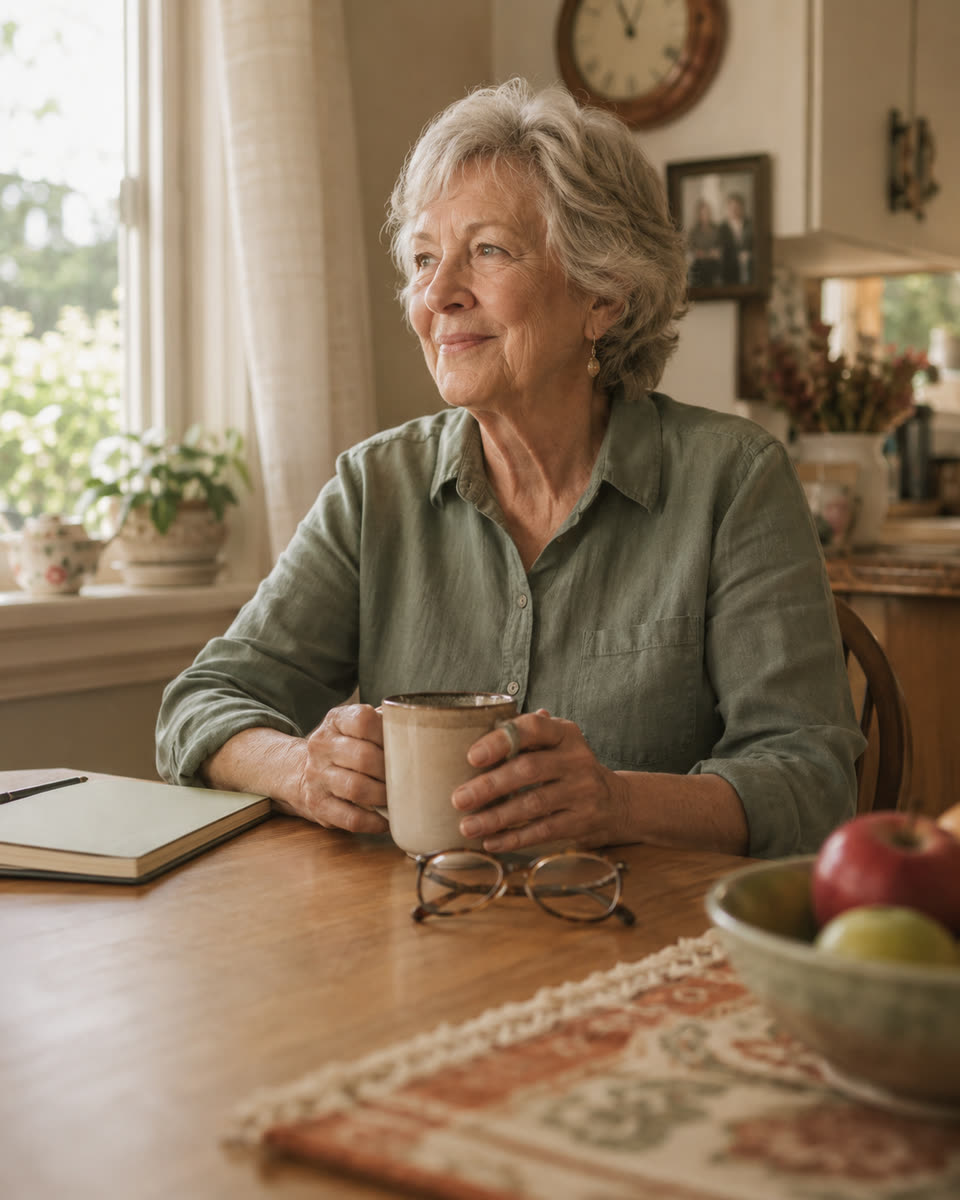 Carol sitting at a kitchen table